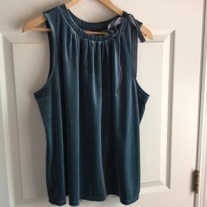 Teal sleeveless elastic neck blouse w/ bow pull L